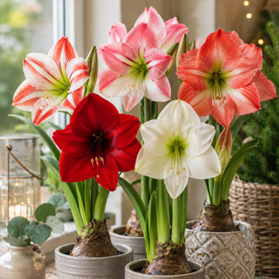 Amaryllis med dubbla blommor i lerkruka på fönsterbrädan